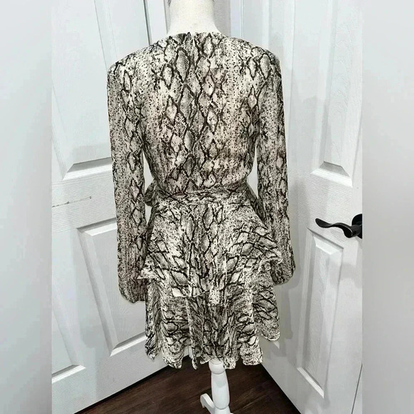 DO+BE plunge, ruffled skirt, snake print, waist tie, back zip, lined, mini dress - Picture 2 of 12